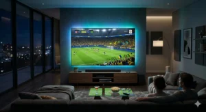 Live broadcast of IPTV World Cup 2026 channels streaming a soccer match in 4K resolution on a massive smart TV in a modern living room home theater.