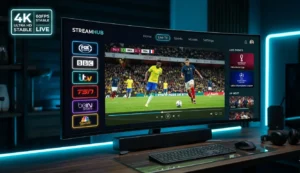 A digital streaming interface dashboard showing global IPTV World Cup 2026 channels including FOX Sports, BBC, ITV, TSN, and beIN Sports networks in ultra HD.
