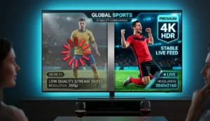 Side-by-side comparison of a standard low-quality buffering stream versus a crystal-clear premium 4K IPTV World Cup 2026 channel broadcast.